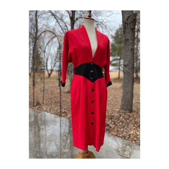 Vtg 80s Batwing A Line Dress Red Black Polkadot - Picture 15 of 16